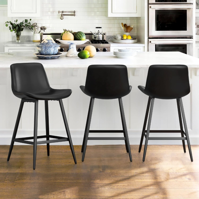 24 inch Counter Stool, Modern Bucket Barstool Set of 3, Barstools with Back and Footrest, Faux Leather Bar