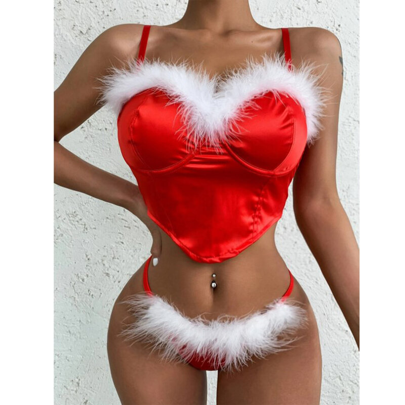 Conjunto de lingerie de cetim feminino, cinta de espaguete, espartilho push up, sutiã com roupa interior com costas em T para carnavais, Natal
