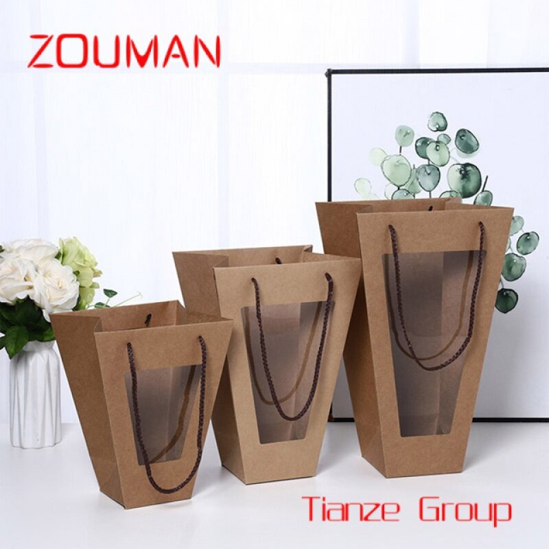 Custom , custom floral gift package kraft paper carry bag your own logo square bottom box flower bag with window