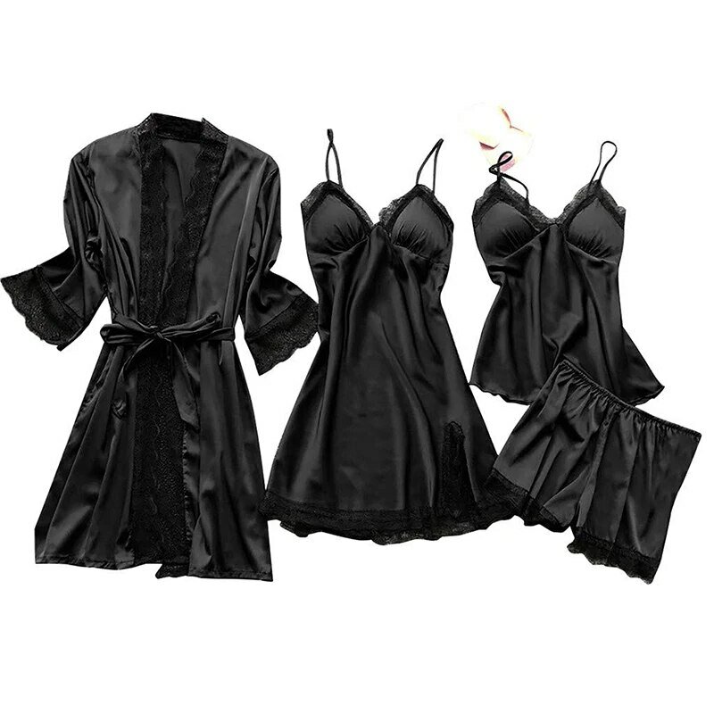 Conjunto de 4 piezas, conjunto de ropa de dormir, conjunto de encaje para mujer, ropa de dormir cómoda de pijama con escote en V