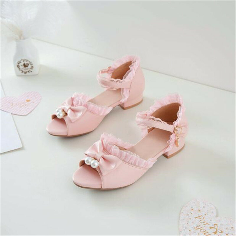 Children Princess Sandals Kids Girls Wedding Shoes Women High Heels Sweet Ruffles Bowtie Pink White Dress Shoes For Girls 30-43