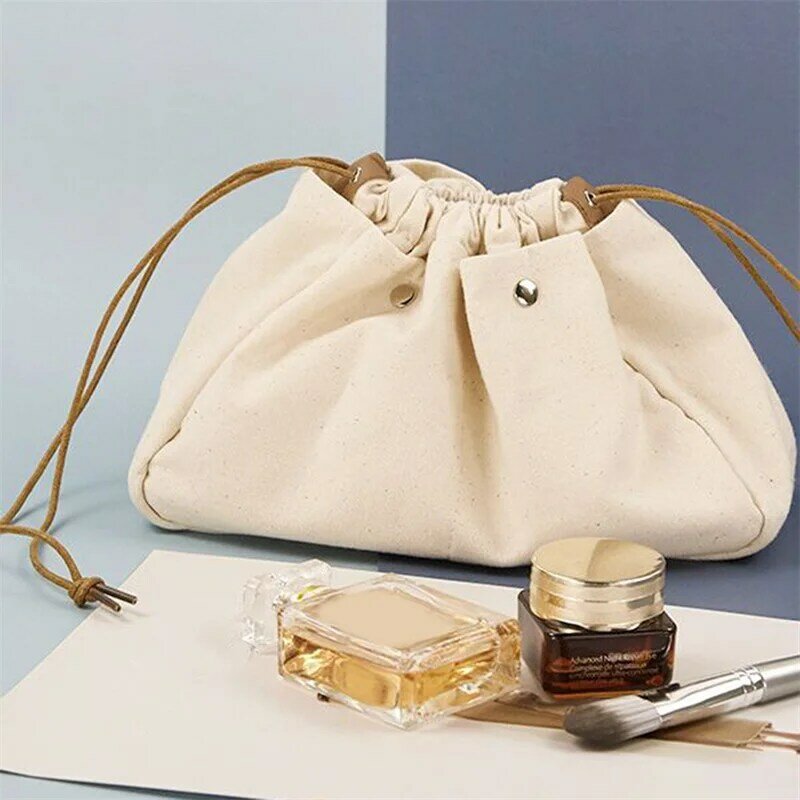 Bolsa de maquillaje minimalista con cordón, bolsa de almacenamiento de joyas cosméticas, bolsas de lavado de lona portátiles de viaje