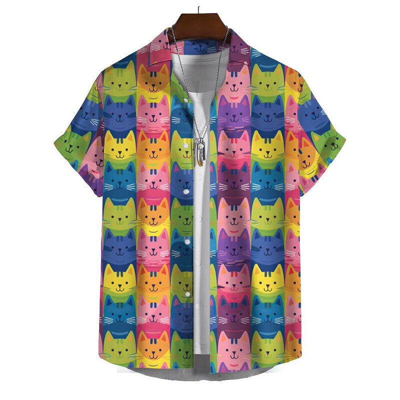Рубашка мужская с забавным 3d принтом кошки, повседневная одежда с коротким рукавом, свободная футболка оверсайз, лето