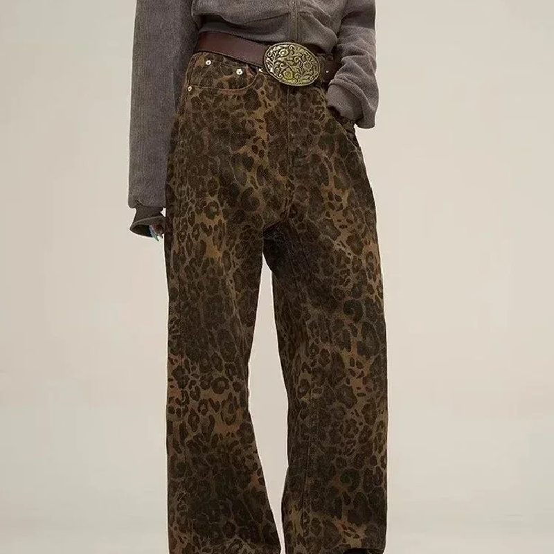 Женские джинсы с широкими штанинами, свободные винтажные мешковатые джинсы в стиле хип-хоп с леопардовым принтом, Y2k, 2024