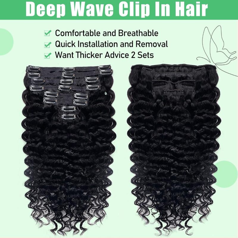 Extensions de cheveux à clipser Deep Wave pour femmes, 100% vrais cheveux humains, tête complète, extension de cheveux brésiliens à clipser, noir naturel, 26 po