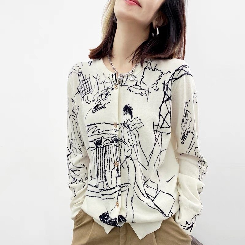 봄 숙녀 카디건 스웨터 한국어 패션 2022 새로운 트렌드 인쇄 얇은 섹션 느슨한 양모 니트 스웨터 재킷 서양식