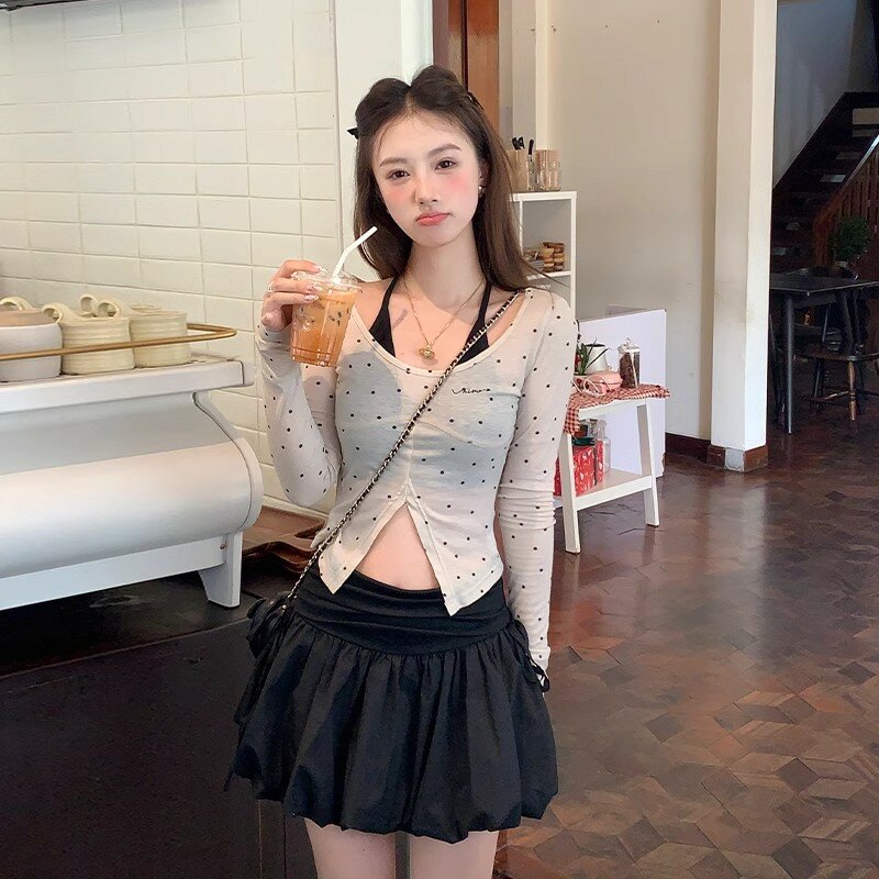 Pakaian Pullover Polka Dot wanita, Atasan palsu dua manis dan pedas Mode Korea musim semi/musim panas ramping pendek