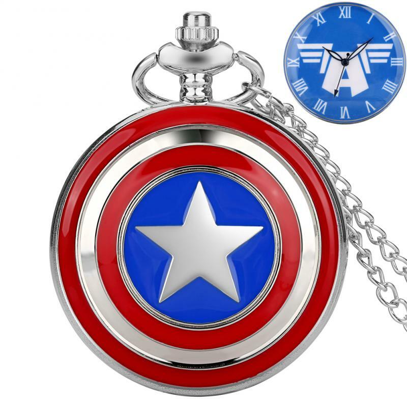 마블 캡틴 아메리카 방패 슈퍼 영웅 석영 포켓 시계 방패 애니메이션 시계, 블루 로마 숫자 디스플레이 영화 코스프레 선물