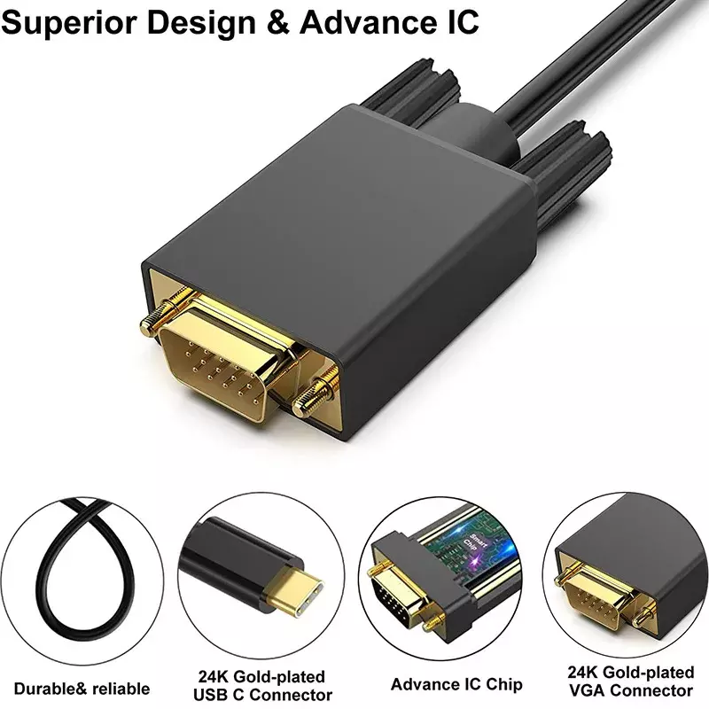 "Thunderbolt-3 USB-Cからvgaへのアダプターケーブル,1.8m,usb 3.1,type-c,オス-vgaオスコンバーター,macbookラップトップ,モニター