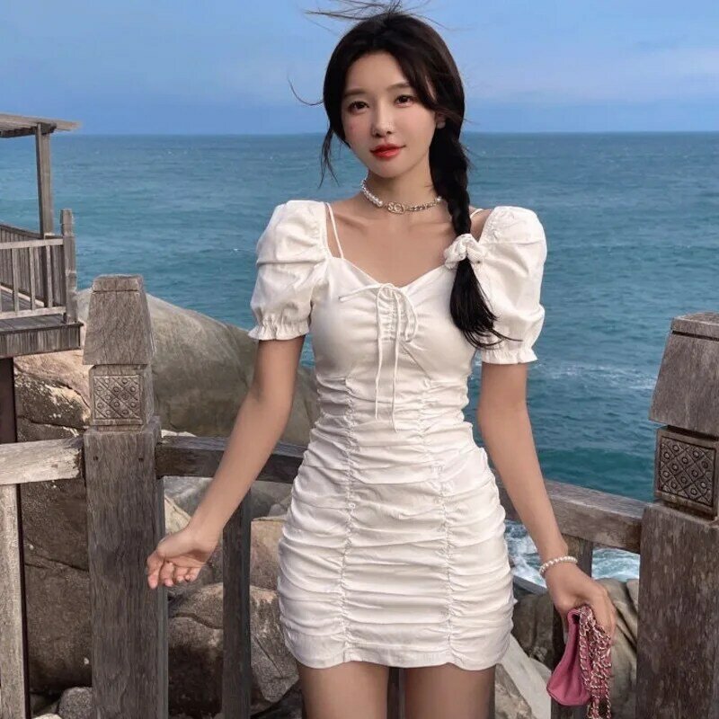 Coulisse increspato Sexy Spaghetti Mini Dress Club Party Wear 2024 Hot Summer Puff Sleeves Soild Dresses Bodycon Women Clothes