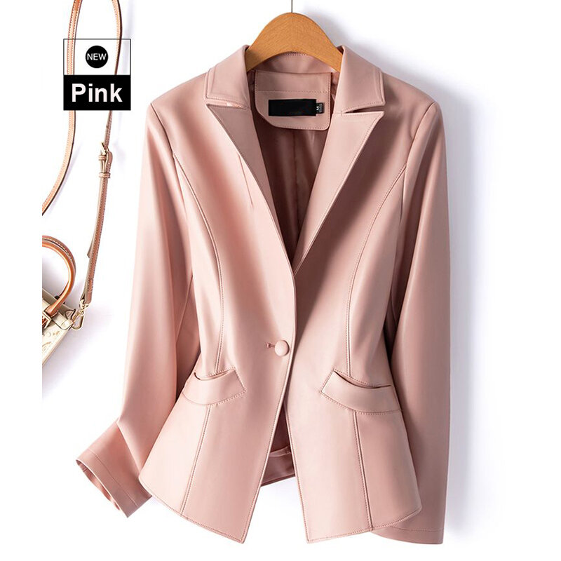 女性用ピンクのシープスキンジャケット、長袖、シングルボタンコート、シックな襟を折りたたむ、スリム、本革、mから5xl、2024
