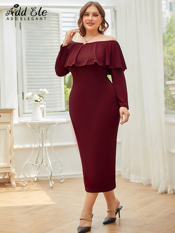 Dodaj elegancki Plus rozmiar ołówkowa sukienka Bodycon kobiety 2022 jesień podmiejskich Ruffles głęboki dekolt stylowa odzież z długim rękawem B767