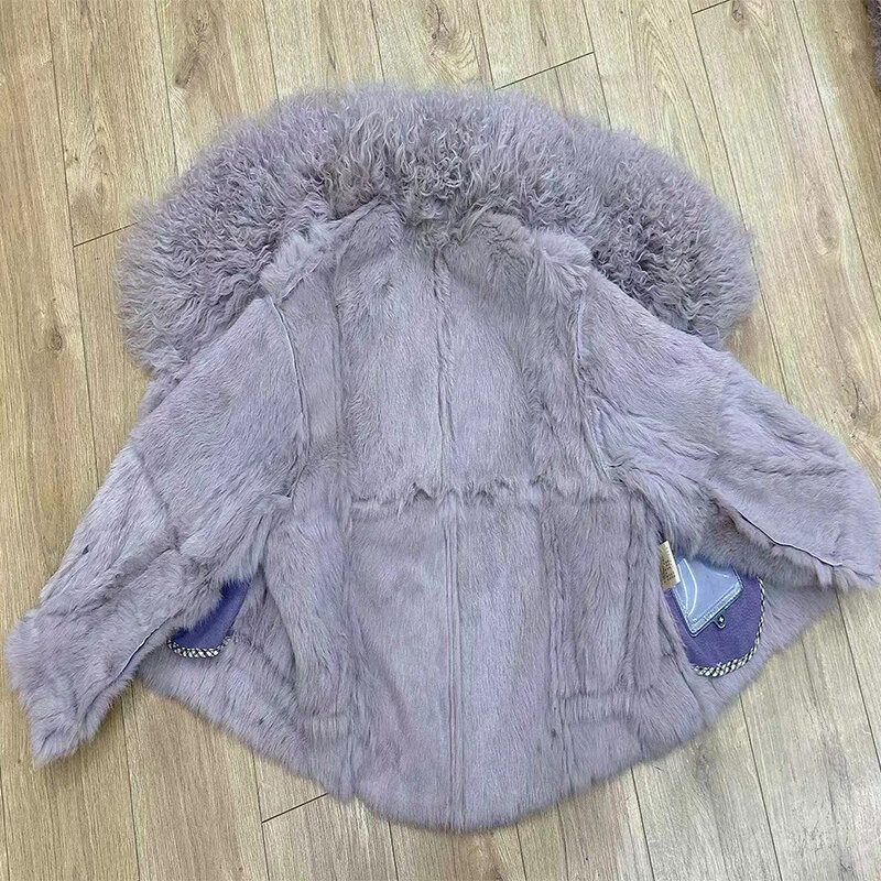 Zimowy damski kurtki futrzane prawdziwy naturalny królik futrzana podszewka z owczej skóry krótki płaszcz gorąca sprzedaż Lnternet Celebrity Jacket