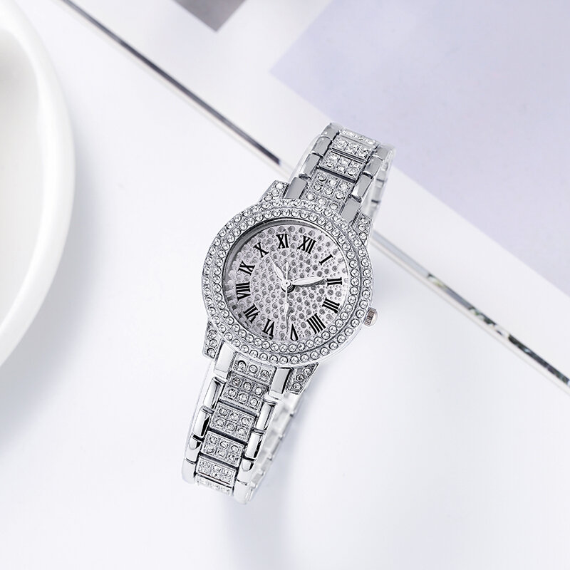 Wysadzane diamentami zegarki damskie z kryształkami górskimi stalowy pasek luksusowe zegarki damskie w skali rzymskiej sprzedaż hurtowa