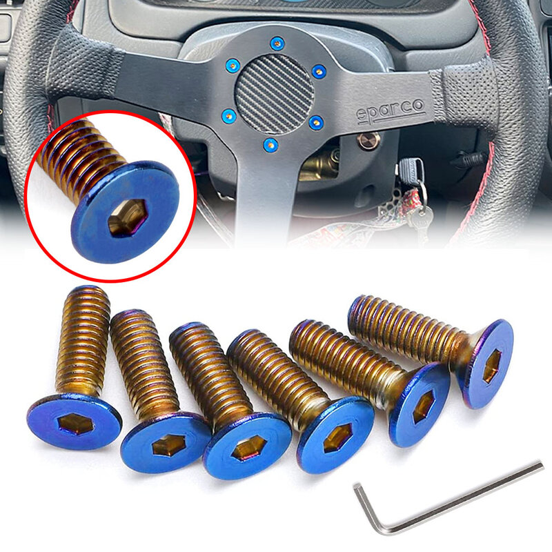 6Pcs Burnt Titanium Steering Wheel Bolts Screw 1pc Wrench Kit for Momo Nardi NRG Works Bell Boss Tool Car Accessories