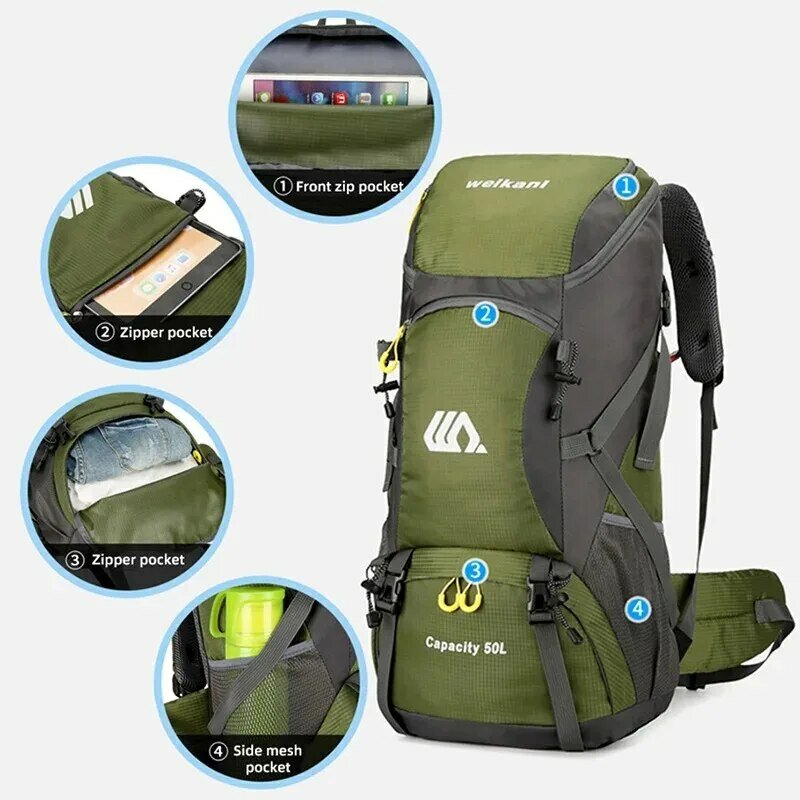 Grand sac à dos de voyage étanche pour homme, sac de camping, sac à dos de randonnée, sac de tourisme, sports de plein air, escalade, canadisme, 50L