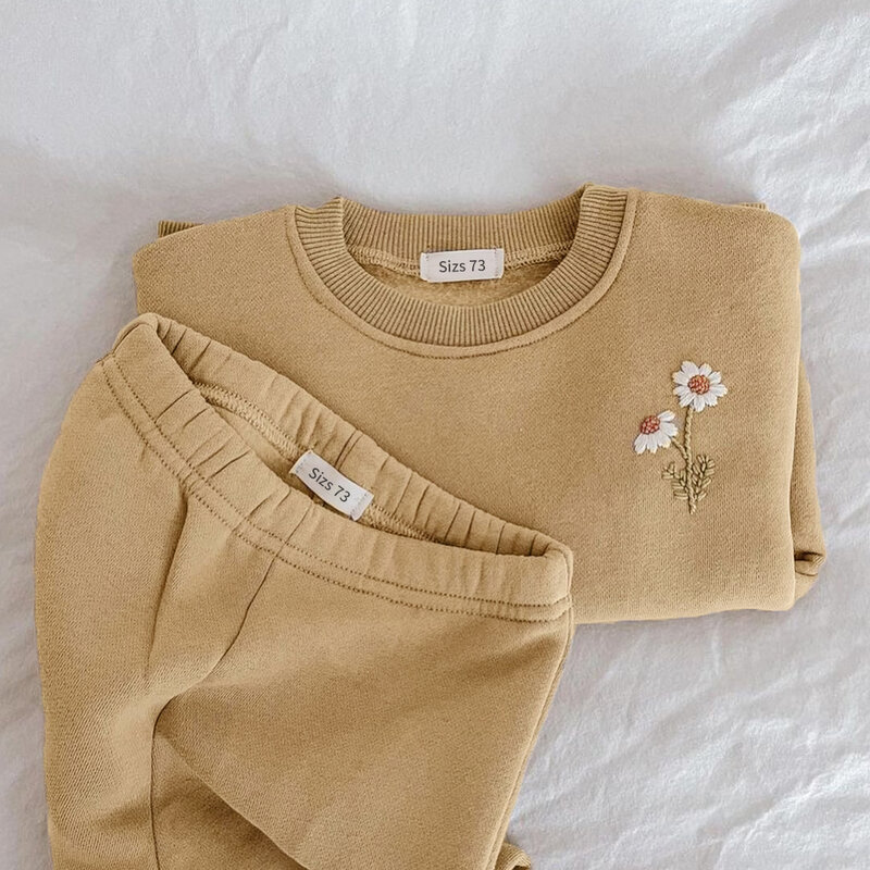 韓国-女の赤ちゃんのための冬の服のセット,花柄のフリーススウェットシャツとパンツのセット,暖かいトラックスーツ,女の子のための