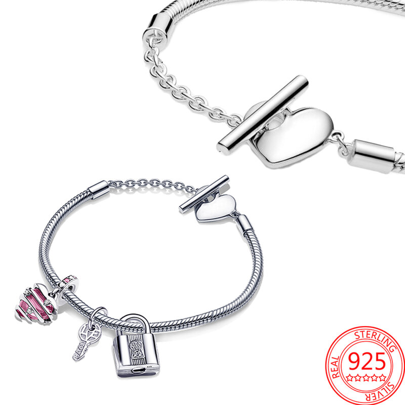 Real 925 Sterling Zilver Hangslot & Hart Dangle Charm Fit Originele Pandora Armband Diy Sieraden Makings Voor Vrouwen