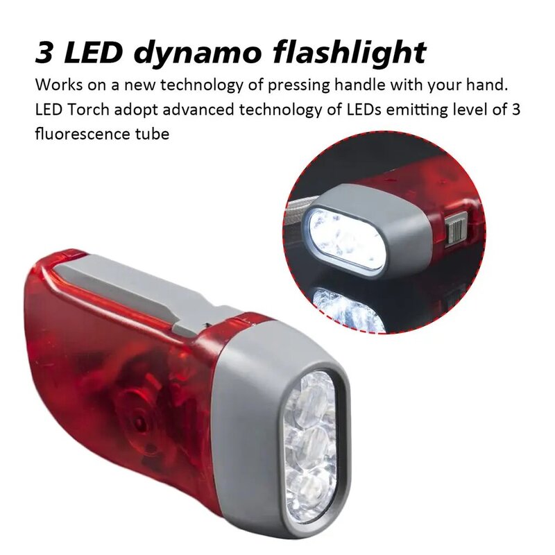 3 LED 핸드 프레스 다이나모 크랭크 파워 윈드업 손전등, 가정용 토치 라이트, 캠핑 램프 라이트, 야외 비상 휴대용 램프
