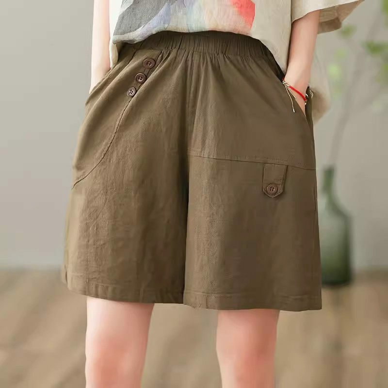 กางเกงผ้าลินินขาสั้นสำหรับผู้หญิง, กางเกงทรงหลวมและอเนกประสงค์กางเกงกางเกงขาม้าเอวสูงกระชับสัดส่วนสีพื้นสำหรับฤดูร้อน K959