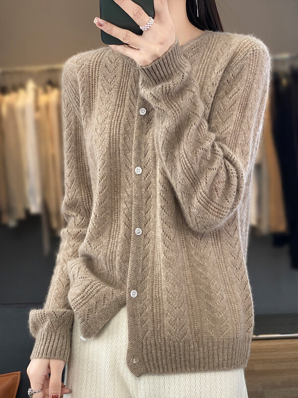 Cardigan en laine à col rond pour femmes, pull à manches longues, tricot en Y, style de mode coréen, vêtements d'extérieur, crochet, nouveau