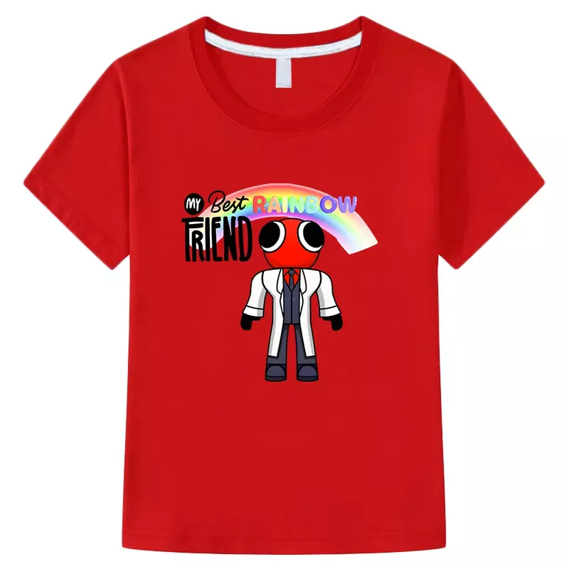 Rainbow Friends t-shirt rossa 100% cotone t-shirt manica corta ragazzi ragazze estate comode magliette Kawaii Cartoon Print Tees