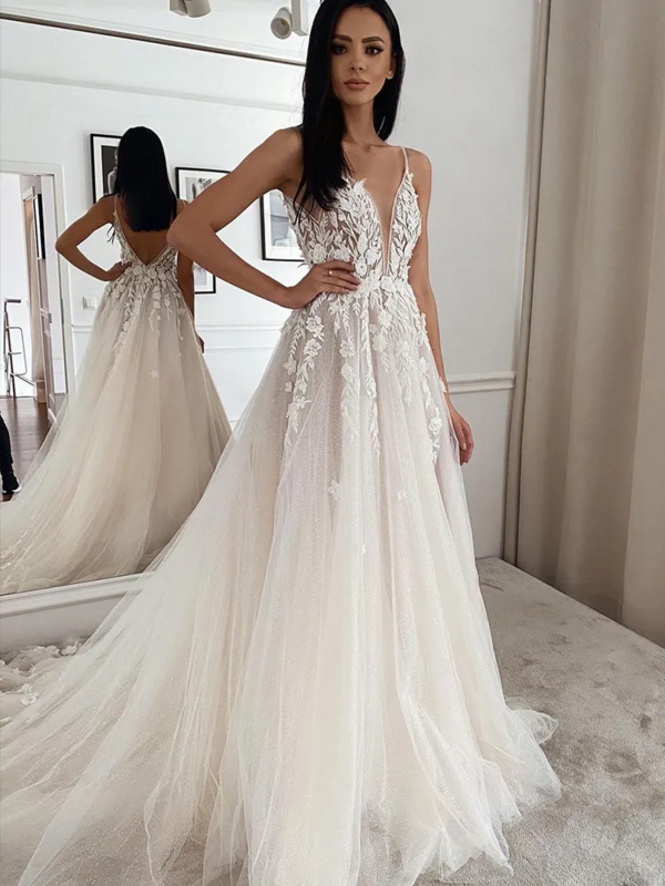 Свадебное платье Lorencia с глубоким V-образным вырезом для невесты, кружевное блестящее Тюлевое платье с аппликацией, свадебное платье YAW42