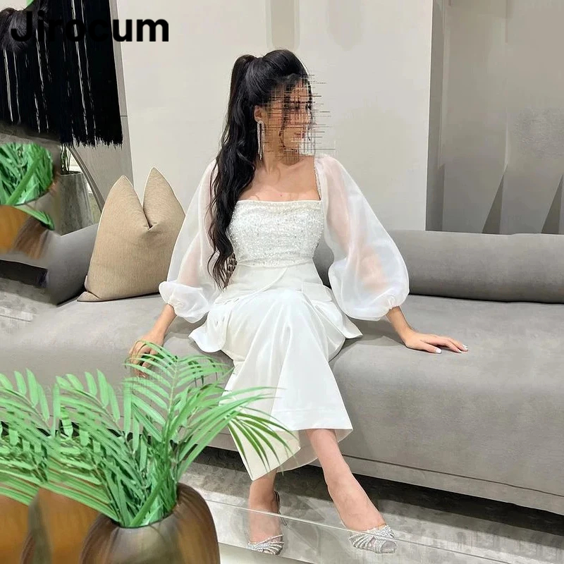 Jirocum-Vestido de noite feminino com pescoço quadrado, Puff manga comprida, vestido de festa, comprimento do tornozelo, retro, vestidos para ocasiões formais, branco, 2024
