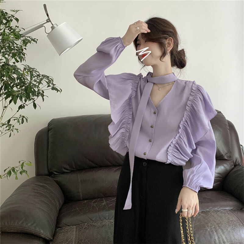 Blusa de manga larga con volantes para mujer, blusa holgada con cuello en V, estilo Pradera Preppy, color púrpura, novedad de otoño