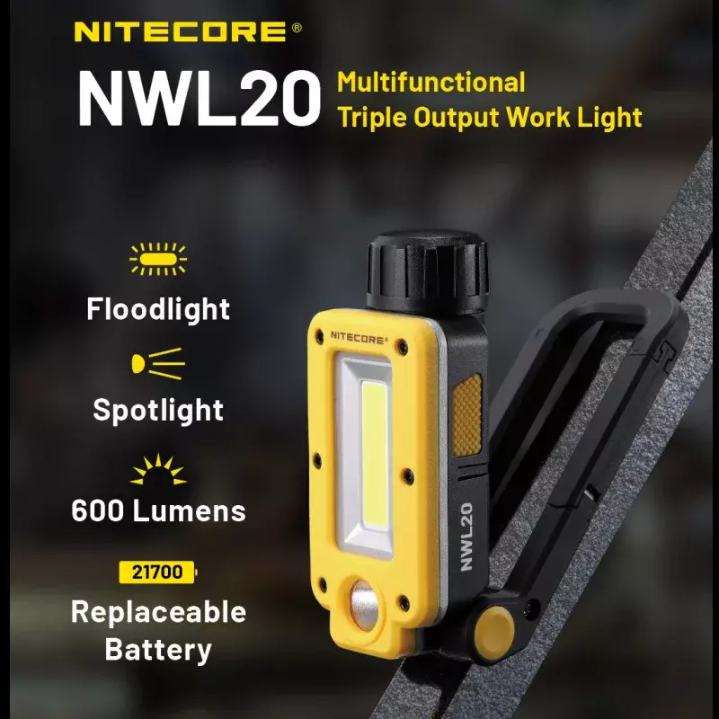 Nitecore-كشاف كهربائي ثلاثي متعدد الوظائف ، أضواء كاشفة قابلة لإعادة الشحن ، 600 لومن ، يتضمن بطارية 21700 مللي أمبير في الساعة ، NW20