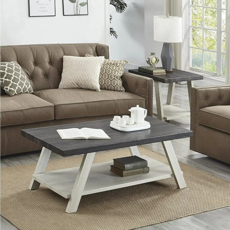 현대식 커피 테이블 세트, 3 피스 우드 랙, 24D x 48W x 19H, 숯 및 회색