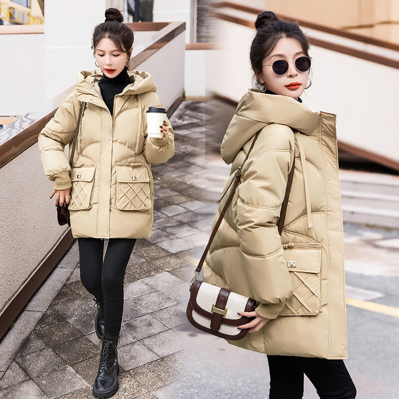 Cotton Hooded Parkas Women Autumn Winter Thick Coats Loose Pockets Jackets Zipper Warm Quilted Coat 2023 Outwear White Korean