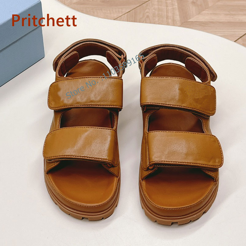 Solid Flat with Sandals Round Toe Hoop&loop Sewing Cowhide Shallow Shoes High Increase Anti-Slip Comfortable Fashion Shoes