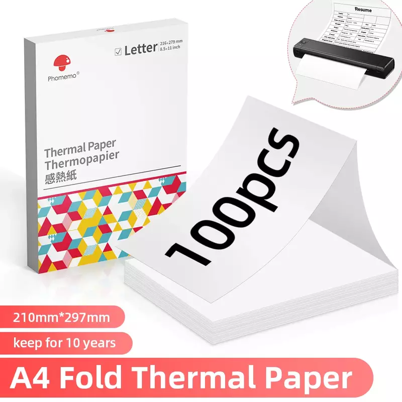 Papel de impressão contínua, adequado para Phomemo M08F, impressora A4, papel térmico, Fold, Long Time Storage, 100 folhas