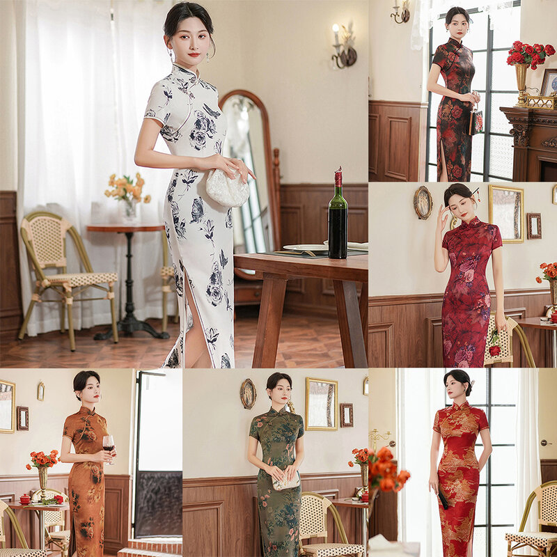 Vestido Qipao longo elegante com mancha de seda falsa para mulheres, cheongsam vermelho e dourado, festa de casamento chinesa