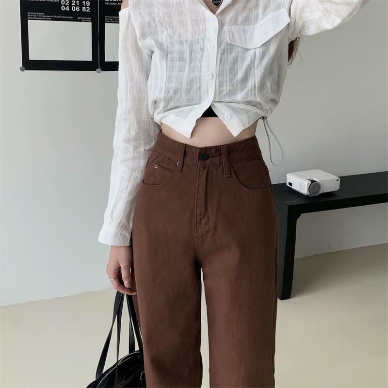 Jeans Coklat Wanita Musim Panas Denim Kaki Lebar Lurus Longgar Pinggang Tinggi Y2k Pakaian Jalanan Kasual Celana Baggy Vintage