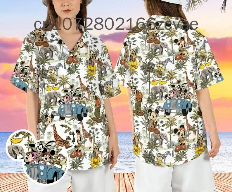Disney Safari koszula hawajska 2024 lato nowy Disney Mickey koszula hawajska Retro koszulka z krótkim rękawkiem na guziki