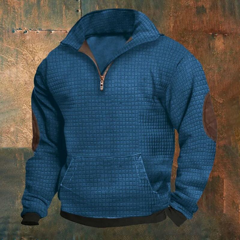 Fall Spring Men Sweatshirt Turn-down Collar Long Sleeve Elastic Cuff Zipper Patch Pocket Loose Casual Mid Length Men Daily Top