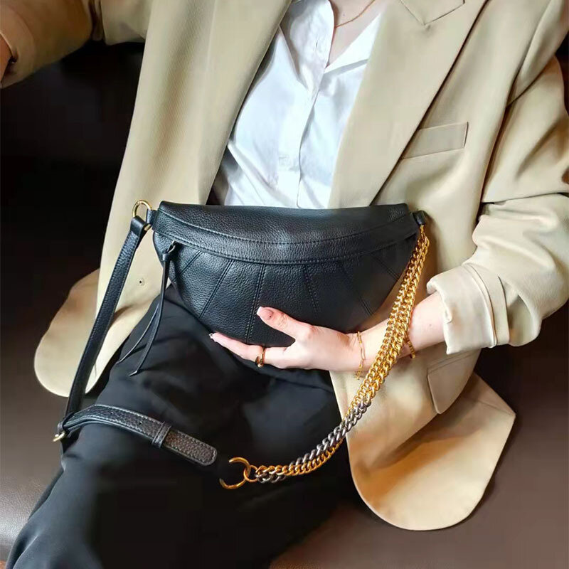 2024 New Genuine leather All-in-one fashion chain cowhide Fanny Pack High quality cowhide Chest crossbody bag