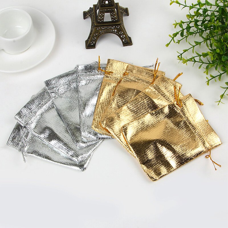 10 Stück 7x9 cm Silber Gold Schmuck Satin Packt aschen Kordel zug Geschenkt üte für Weihnachten Hochzeit Geschenk paket
