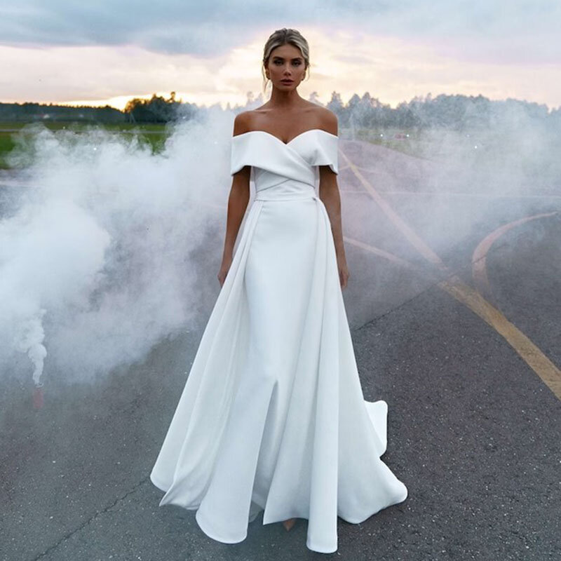 Satynowe suknie ślubne z odkrytymi ramionami odpinany Train Vestido de Novia 2024 elegancka plisa syrena Boho suknia dla panny młodej plażowa