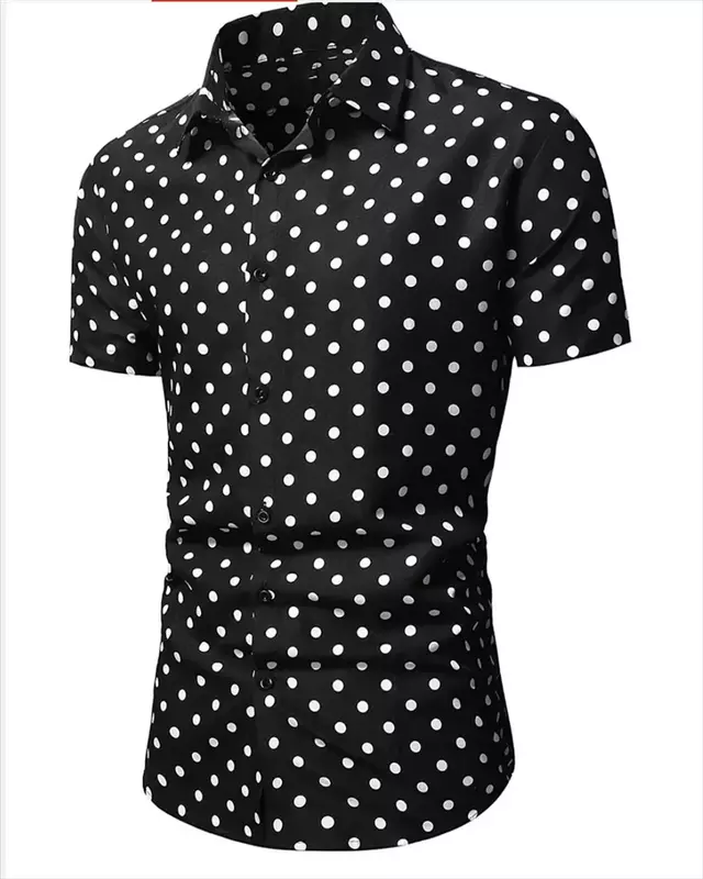 Camisa masculina de lapela de manga curta, camisa de praia de verão, preto e branco, roupa confortável casual, moda natalícia, moda