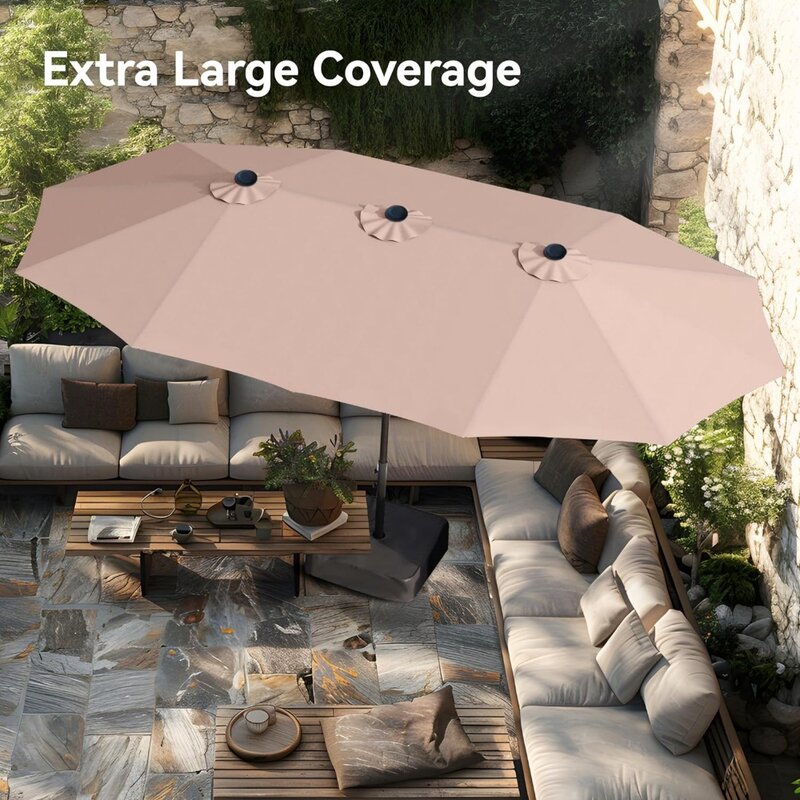 Grande guarda-chuva retangular dupla face com base, guarda-chuva ao ar livre de tamanho grande com manivela, bege, 15 pés