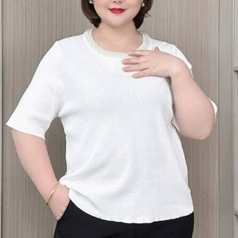 Camiseta feminina de malha de seda gelo manga curta, top frisado, gola O, fina, plus size, verão, 2024, moda