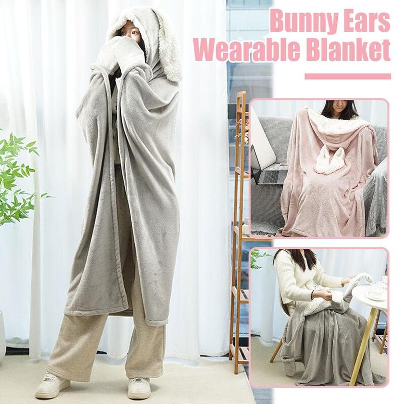 Wearable Hooded Blanket For Women Adults Bunny Ears Oversized Wearable Blanket Flannel Fleece Rabbit Ear Thickened Hooded C E5T2