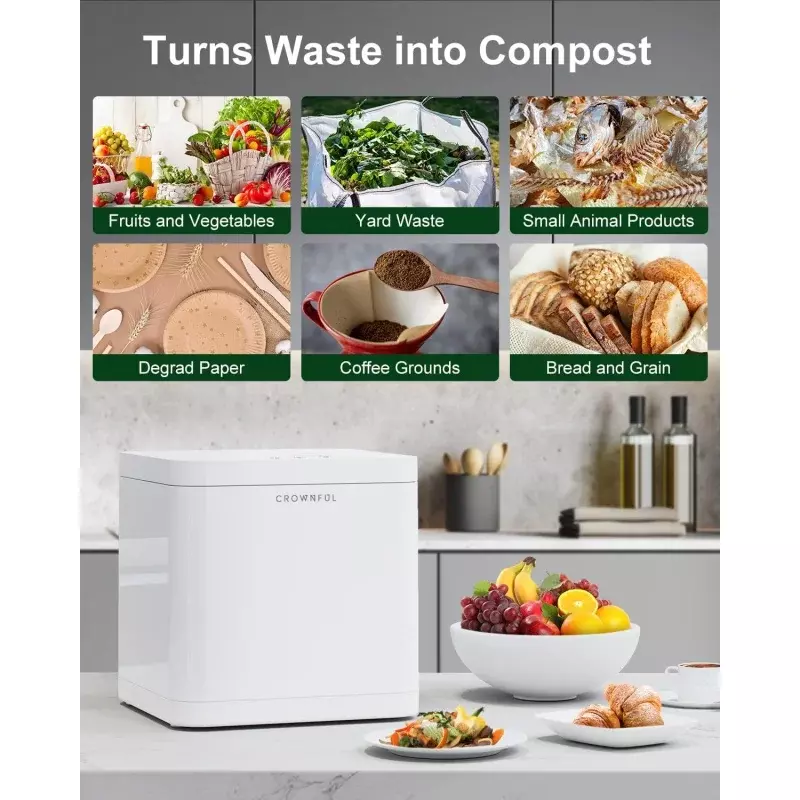 CROWNFUL Smart Waste Kitchen Composter, 3.3L Capacidade, Torneamento, Resíduos Alimentares para Compostagem, Compost Bin Elétrico, Máquina de Compostagem