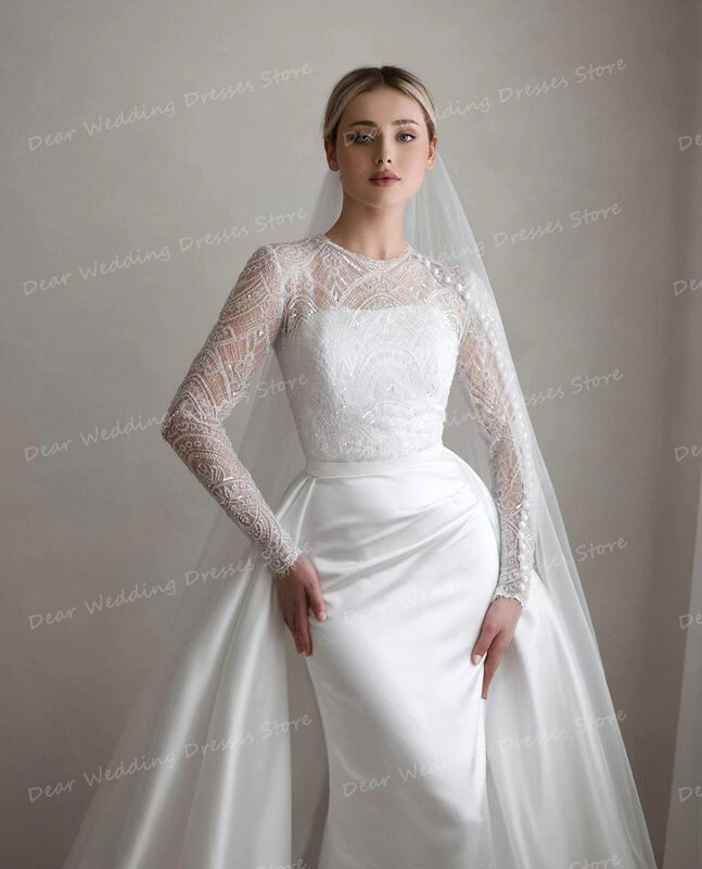 Элегантные свадебные платья со съемным шлейфом, привлекательные кружевные женские атласные платья с аппликацией и высоким воротом