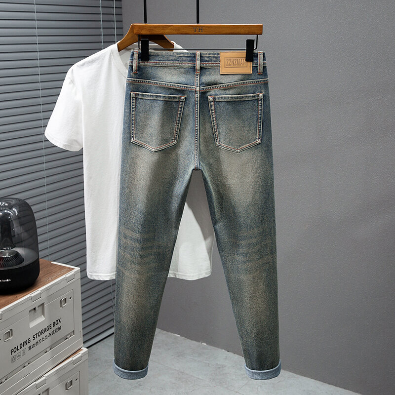 2024new jeansy retro męskie spodnie ołówkowe slim-fit sprane modna marka nostalgiczna modna w trudnej sytuacji żółte, barwione błotem spodnie plus size