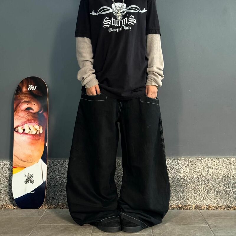 Harajuku Rock Bordado Jeans Baggy para Mulheres, Cintura Alta, Perna Larga, Calças Retas, Padrão de Rua, Hip Hop, Vintage, Y2K, 3PM