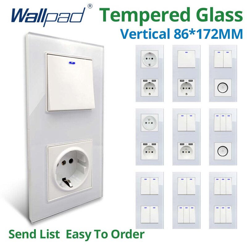 Wallpad Vertical Install 86*172mm White Tempered Glass Panel Wall Light Switch LED Dimmer USB Charge EU Socket 2 Way Reset